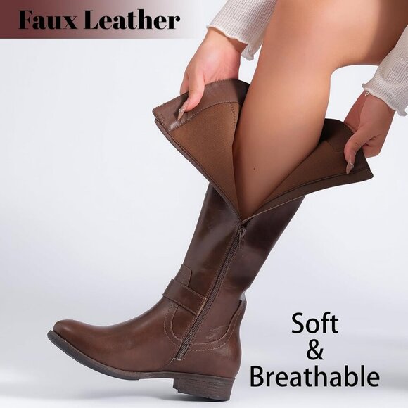 Women's Leather Brown Knee High Flat Tall Stylish Round Toe Winter Casual Boot - Picture 2 of 6